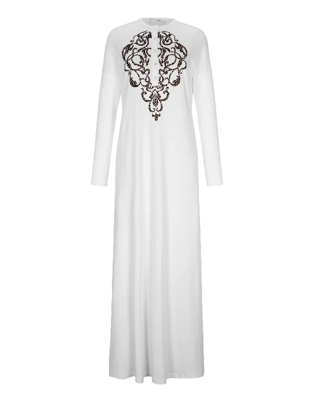 Waffle - weave men's robes for a textured feelButton Nightgown with Flocked Medallion Motif White