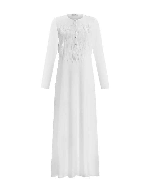 Tie - waist men's robes for a customizable fitButton Nightgown with Vertical Flocking Motif White