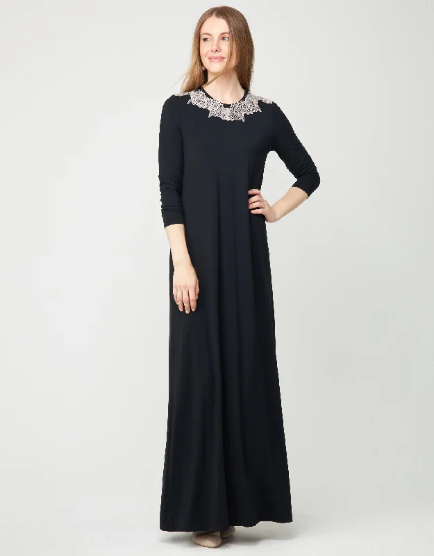Men's robes with a satin trim for added sophisticationLace Trimmed Pull On Nightgown Black Gray Lace