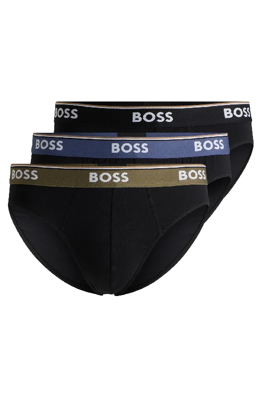 Men's briefs with a double - layer pouch for extra protectionBOSS Men's Power 3 Pack Briefs - Black/Blue/Olive Waistbands Men's briefs with a double - layer pouch for extra protectionBOSS Men's Power 3 Pack Briefs - Black/Blue/Olive Waistbands