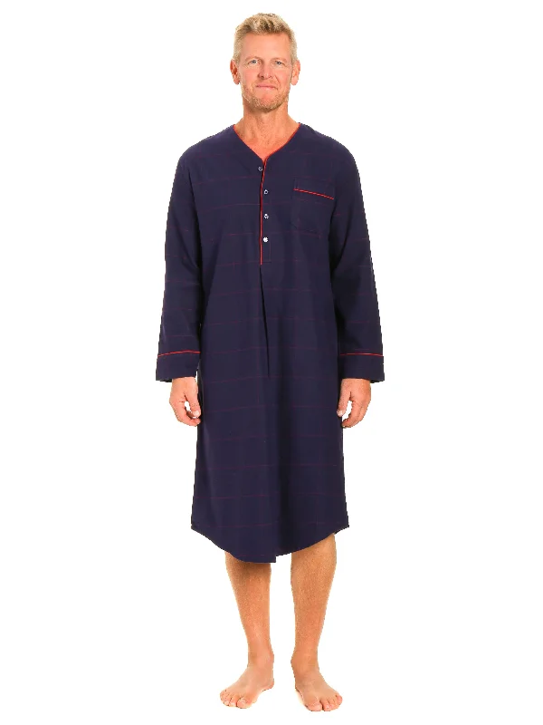Men's robes made from sustainable materialsMens 100% Cotton Flannel Nightshirt - Windowpane Checks Blue/Red