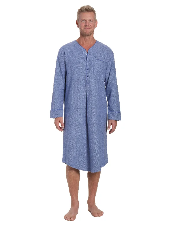 Plush men's robes with a Sherpa liningMens 100% Cotton Flannel Nightshirt - Herringbone Blue