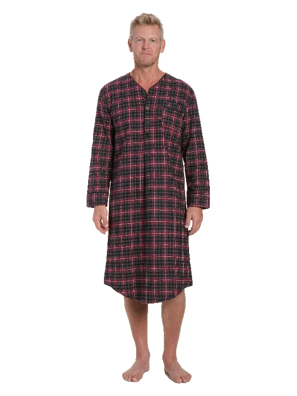 Men's robes with a satin trim for added sophisticationMens 100% Cotton Flannel Nightshirt - Burgundy/Grey