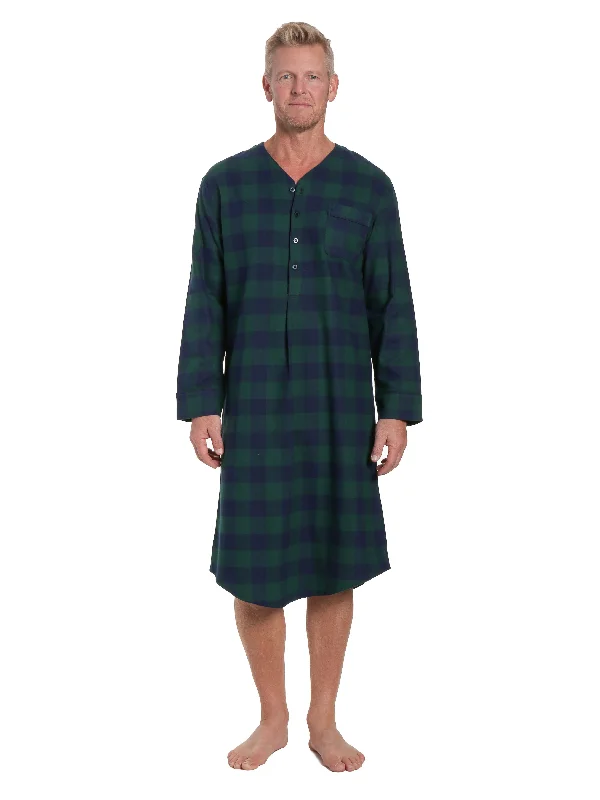 Short - style men's robes for a modern lookMens 100% Cotton Flannel Nightshirt - Gingham Green/Navy
