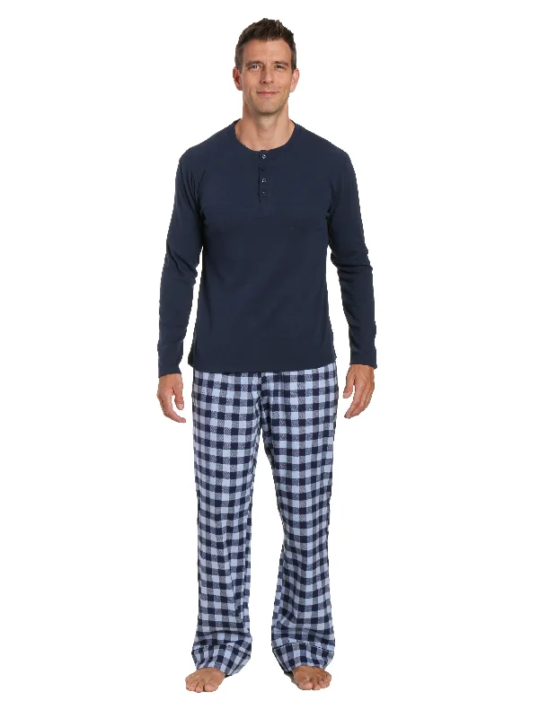 Men's robes with a hidden button closureMens Premium 100% Cotton Flannel Lounge Set - Gingham Checks - Navy Blue