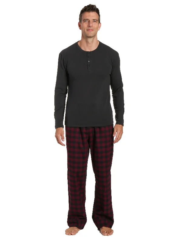 Water - resistant men's robes for post - shower useMens Premium 100% Cotton Flannel Lounge Set - Gingham Checks - Fig Black