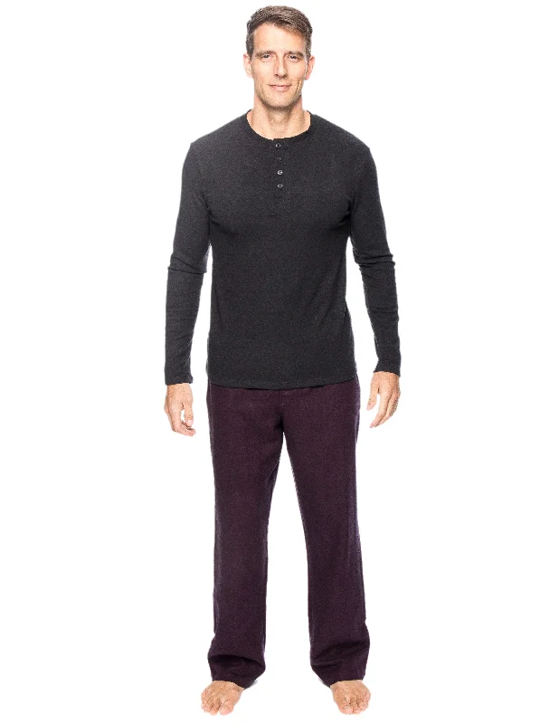 Men's robes with multiple pockets for convenienceMens Premium 100% Cotton Flannel Lounge Set - Herringbone Fig/Black