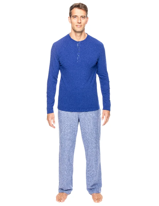 Waffle - weave men's robes for a textured feelMens Premium 100% Cotton Flannel Lounge Set - Herringbone Blue