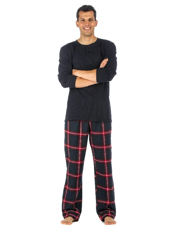 Plush men's robes with a Sherpa liningMens Premium 100% Cotton Flannel Lounge Set - Black-Red Plaid