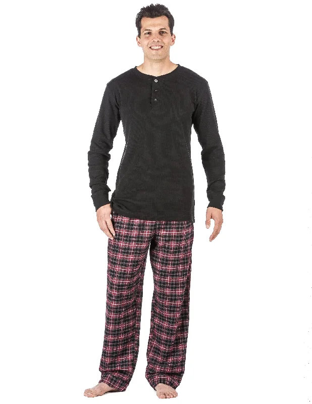 Hooded men's robes for extra warmth and comfortMens Premium 100% Cotton Flannel Lounge Set - Plaid Burgundy/Grey