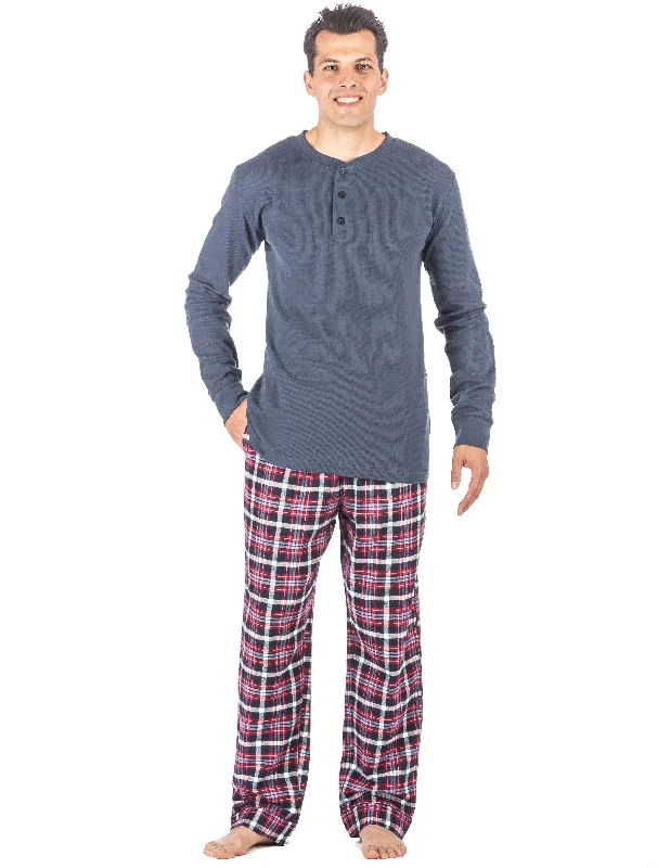 Men's robes with a satin trim for added sophisticationMens Premium 100% Cotton Flannel Lounge Set - Plaid Blue/Red
