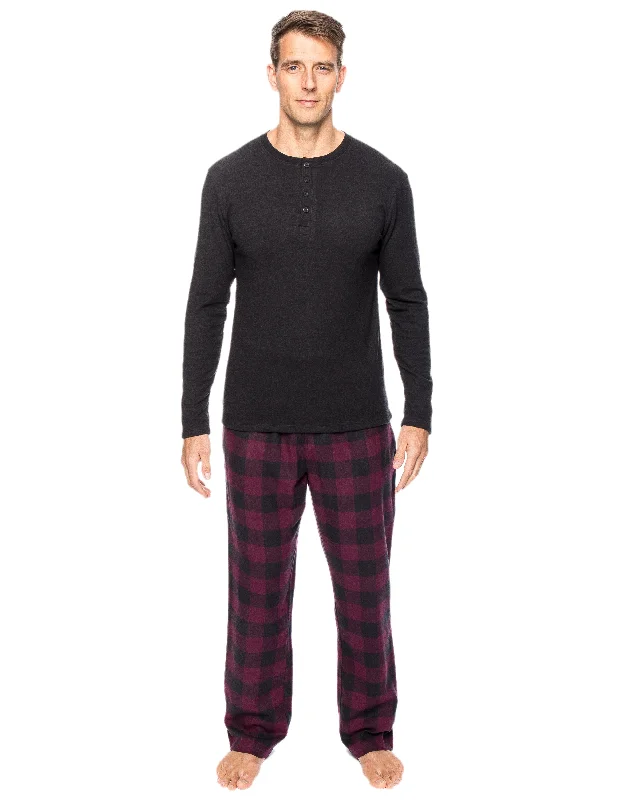 Embroidered men's robes for a touch of eleganceMens Premium 100% Cotton Flannel Lounge Set - Gingham Fig/Black
