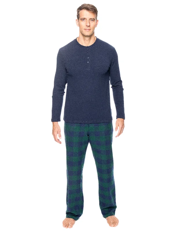Jacquard - patterned men's robes for a stylish appearanceMens Premium 100% Cotton Flannel Lounge Set - Gingham Green/Navy