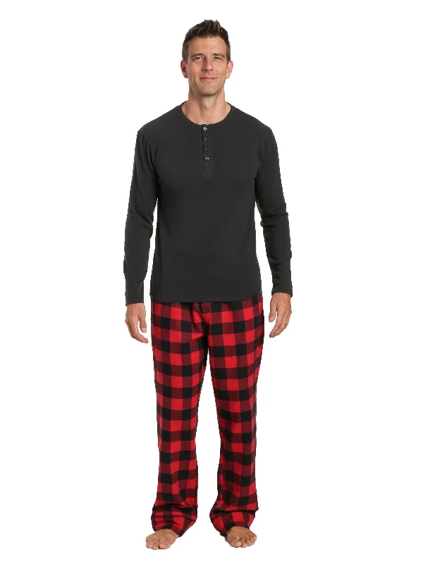 Luxury men's silk robes for a spa - like experienceMens Premium 100% Cotton Flannel Lounge Set - Gingham Checks - Black-Red