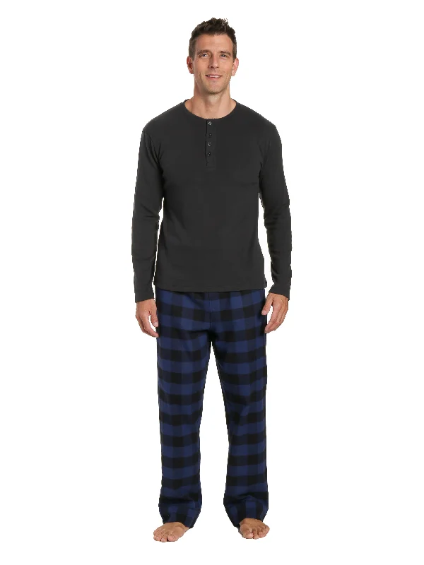 Lightweight men's robes for summer loungingMens Premium 100% Cotton Flannel Lounge Set - Gingham Checks - Black-Blue