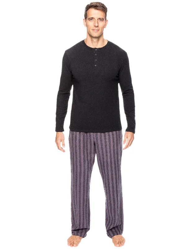 Men's robes with a satin trim for added sophisticationMens Premium 100% Cotton Flannel Lounge Set - Stripes Black/Grey