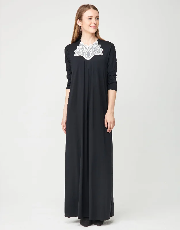 Lightweight men's robes for summer loungingPull On Layered Nursing Nightgown with Contrast Lotus Lace Trim Black
