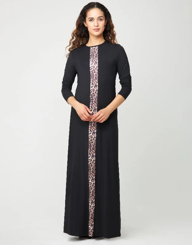 Men's robes with multiple pockets for conveniencePull On Nightgown With Animal Print Satin Stripe Black