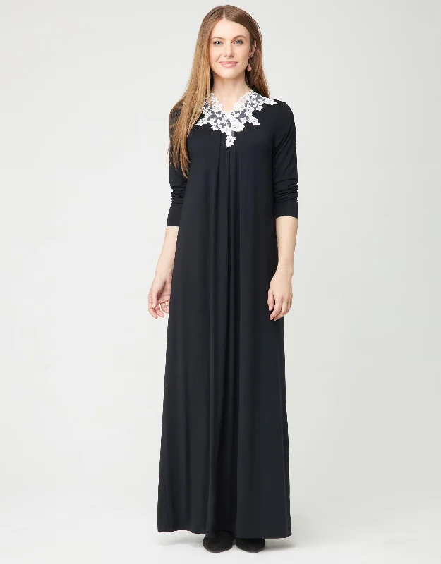 Short - style men's robes for a modern lookPull On Nightgown with Contrast Vneck Lace Trim Black