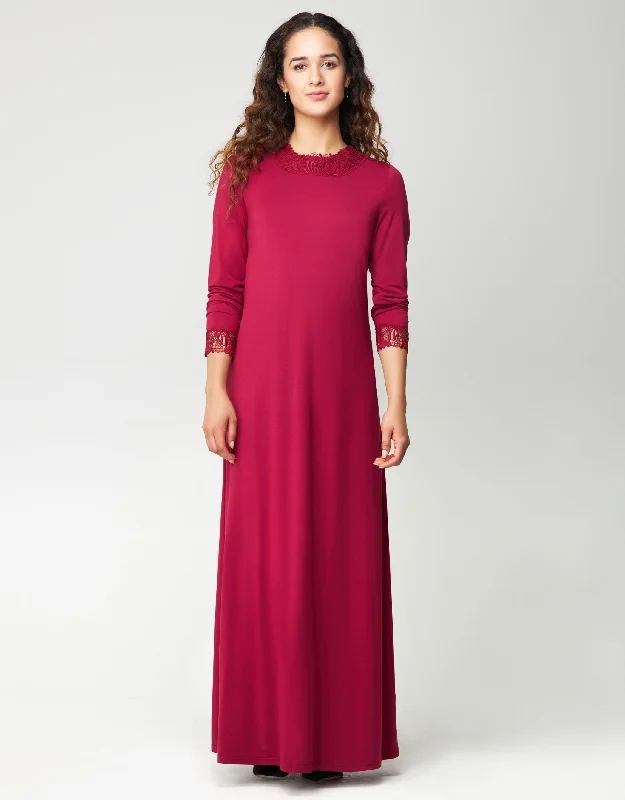 Men's robes with a hidden button closurePull On Nightgown with Tonal Lace Trim Berry