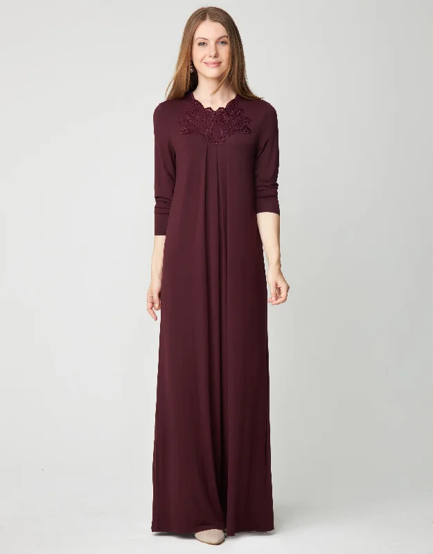 Cotton men's robes with a classic shawl collarPull On Pleated Nightgown with Lotus Lace Tonal Trim Plum