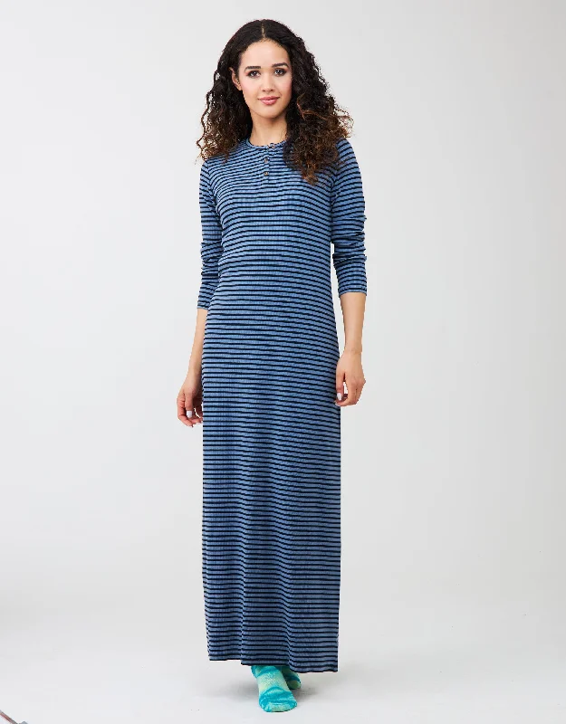 Men's robes with multiple pockets for convenienceRibbed Button Nightgown Blue Stripe