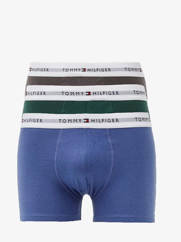 Moisture - wicking men's trunks for active useTommy Hilfiger Men's 3 Pack Cotton Essential Trunks -Dark Ash/Ornamental Green/Laz Blue