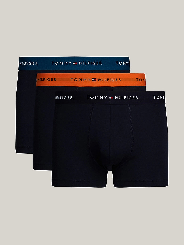 Men's trunks with a quick - dry fabricTommy Hilfiger Men's 3 Pack Essential Logo Trunks- Mid Turq/Orange Thunder/Des Sky