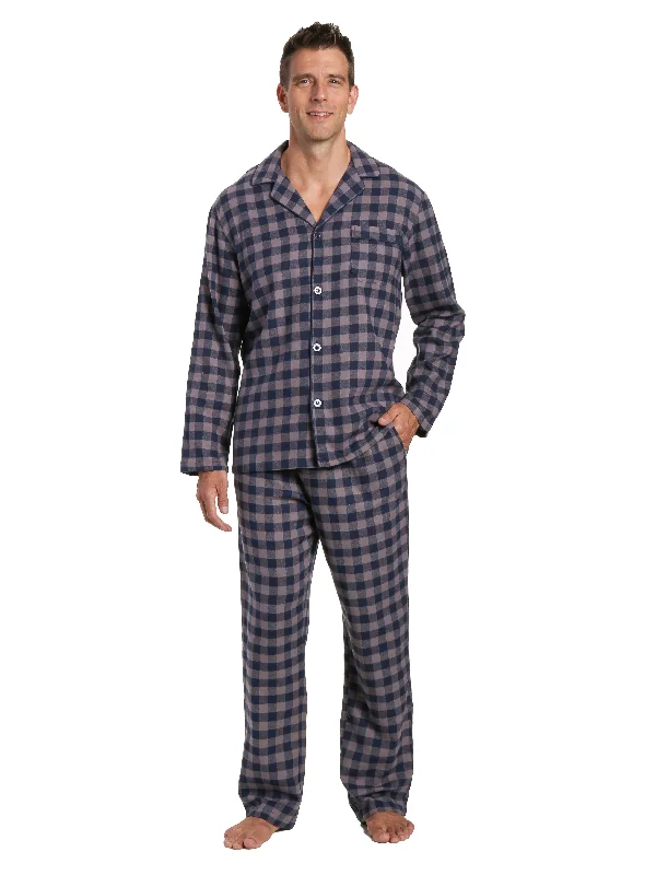 Tie - waist men's robes for a customizable fitMen's 100% Cotton Flannel Pajama Set - Gingham Charcoal-Navy