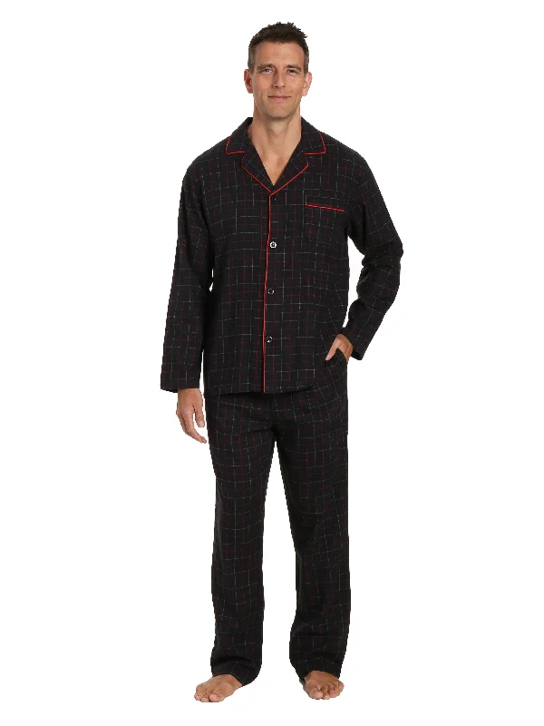 Cotton men's robes with a classic shawl collarMen's 100% Cotton Flannel Pajama Set - Plaid Black-Multi