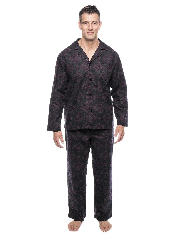 Hooded men's robes for extra warmth and comfortMen's 100% Cotton Flannel Pajama Set - Aztec Black/Fig