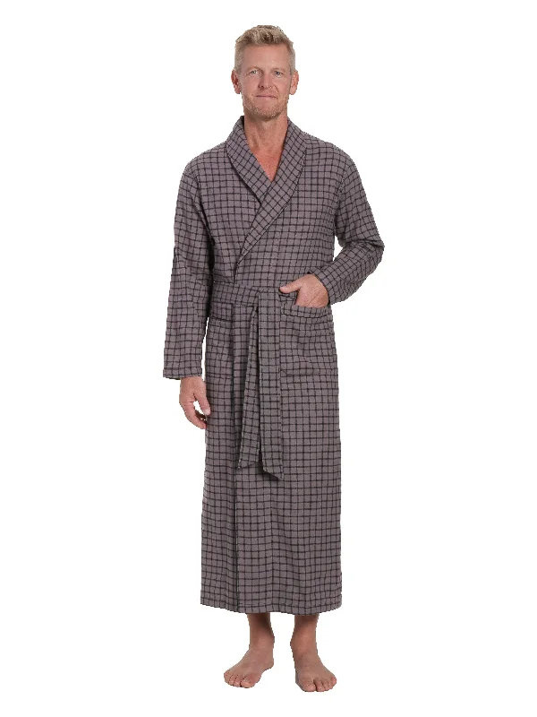 Loungewear - style men's robes for casual daysMen's 100% Cotton Flannel Long Robe - Checks Charcoal-Black