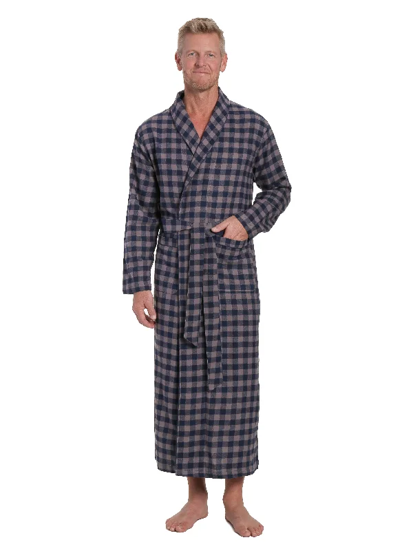 Men's robes with a satin trim for added sophisticationMen's 100% Cotton Flannel Long Robe - Gingham Charcoal-Navy