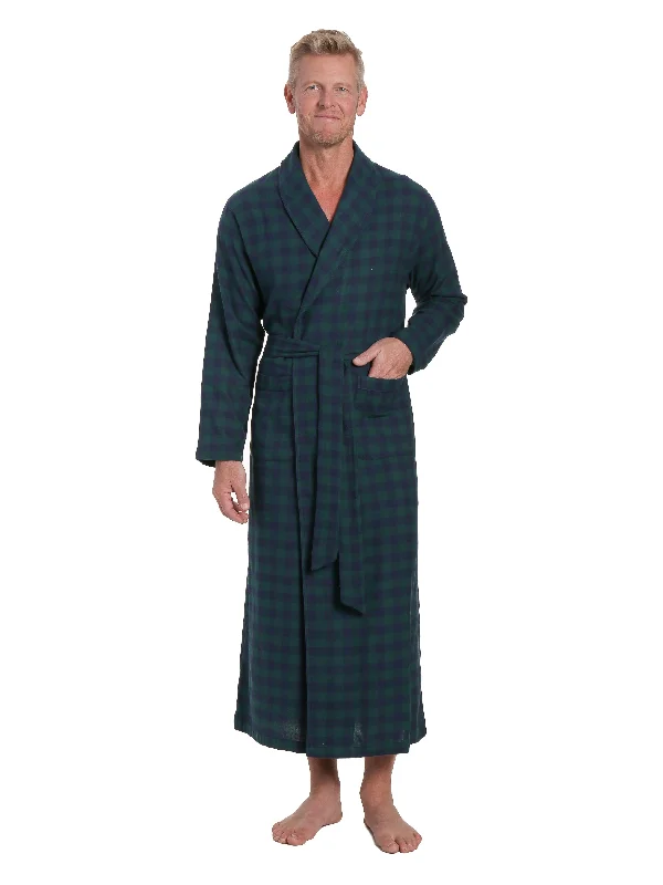 Men's robes with a hidden button closureMen's 100% Cotton Flannel Long Robe - Gingham Navy-Green