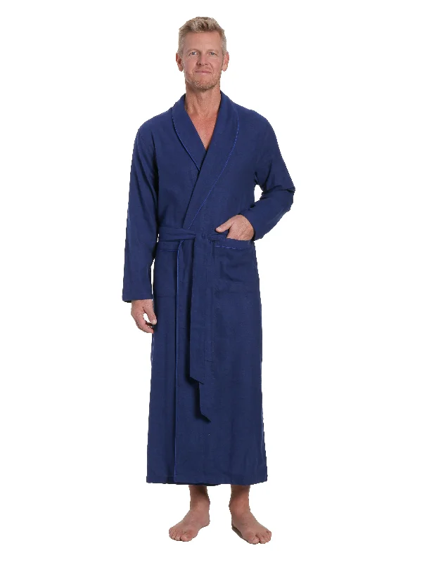 Cotton men's robes with a classic shawl collarMen's 100% Cotton Flannel Long Robe - Herringbone Navy