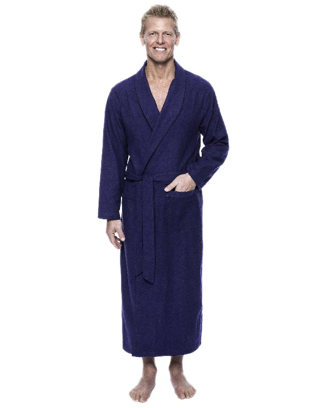 Hooded men's robes for extra warmth and comfortMen's 100% Cotton Flannel Long Robe - Herringbone Blue/Black