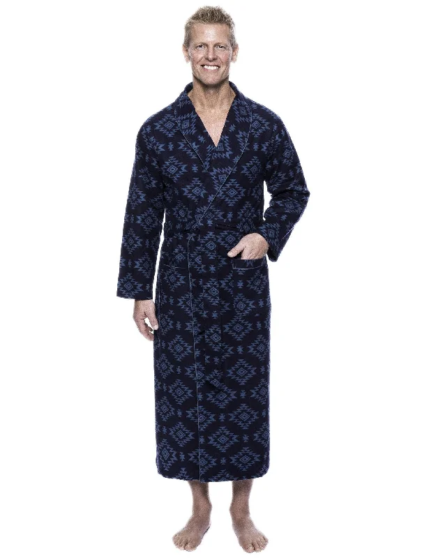 Short - style men's robes for a modern lookMen's 100% Cotton Flannel Long Robe - Aztec Navy/Teal Short - style men's robes for a modern lookMen's 100% Cotton Flannel Long Robe - Aztec Navy/Teal