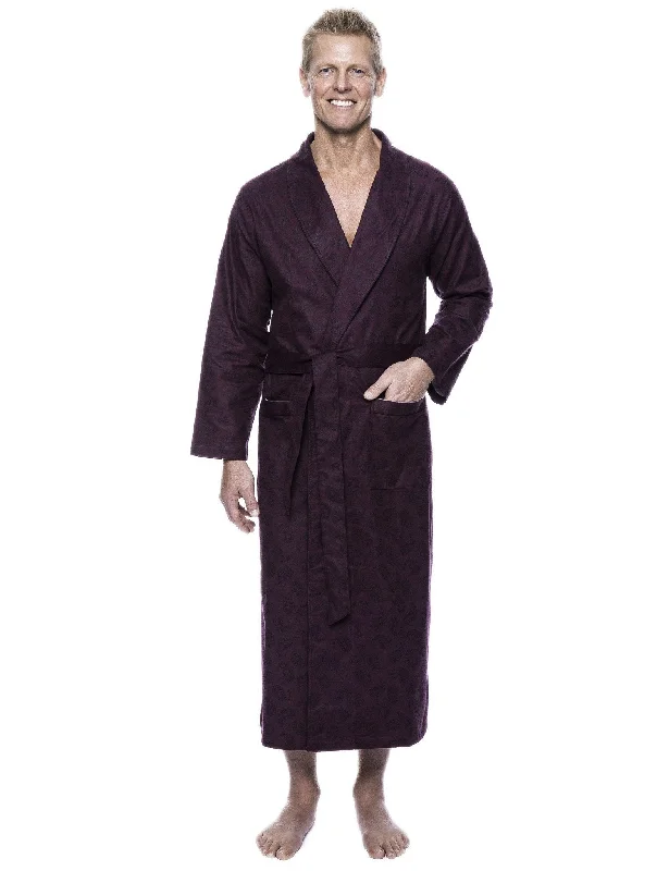 Waffle - weave men's robes for a textured feelMen's 100% Cotton Flannel Long Robe - Paisley Fig/Black Waffle - weave men's robes for a textured feelMen's 100% Cotton Flannel Long Robe - Paisley Fig/Black