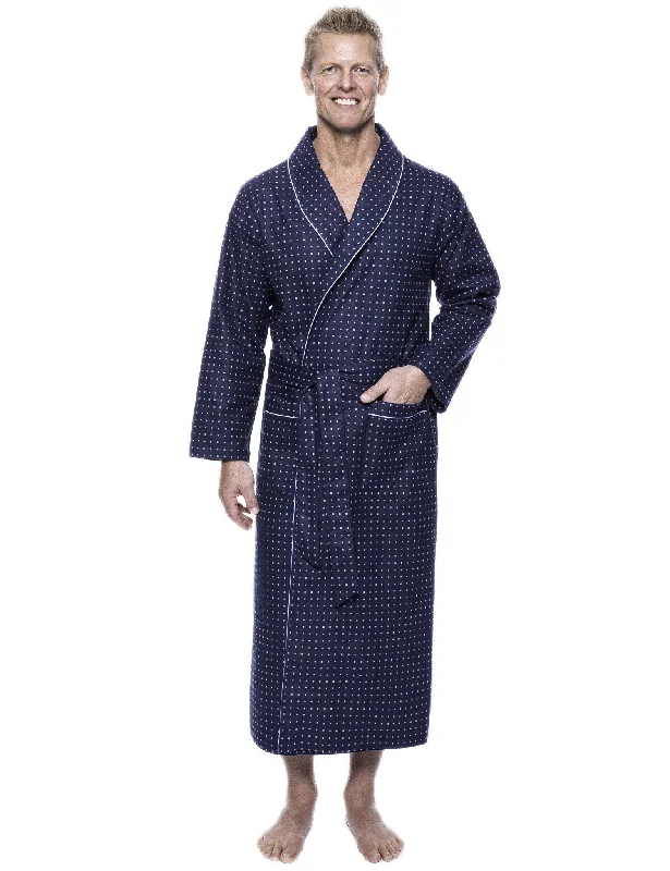Men's robes with multiple pockets for convenienceMen's 100% Cotton Flannel Long Robe - Floating Squares Dark Blue Men's robes with multiple pockets for convenienceMen's 100% Cotton Flannel Long Robe - Floating Squares Dark Blue