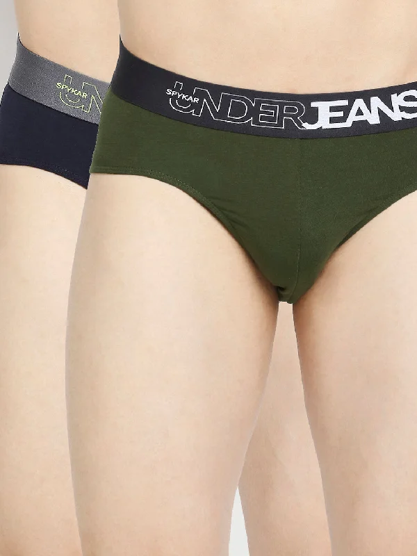 Men's briefs with a wide waistband for comfortMen Premium Navy Blue & Olive Cotton Blend Brief - Pack Of 2- Underjeans By Spykar