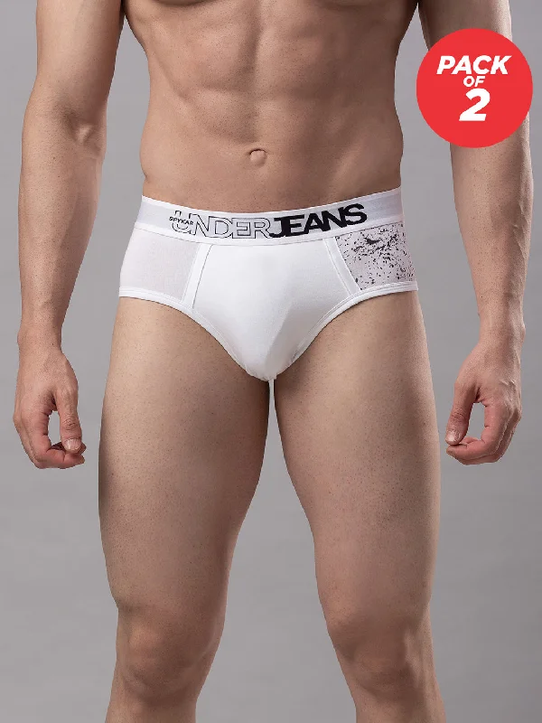 Patterned men's briefs with unique printsUnderjeans By Spykar Men Premium Cotton Blend White Brief - (Pack Of 2)