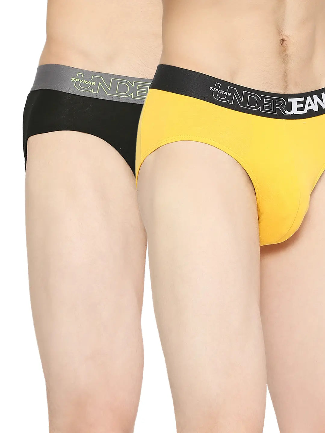 Vintage - style men's briefs for a retro lookUnderjeans By Spykar Men Premium Yellow & Black Cotton Blend Brief - Pack Of 2