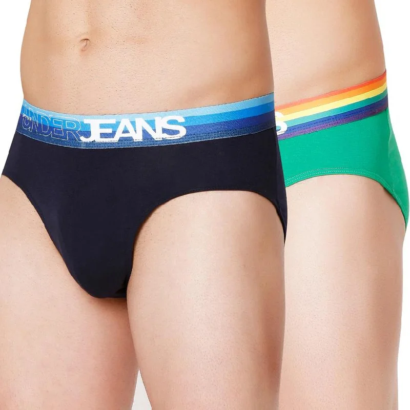 Men's briefs with a wide waistband for comfortMen Premium Green Multi & Navy Blue Cotton Blend Brief (Pack Of 2)- Underjeans By Spykar