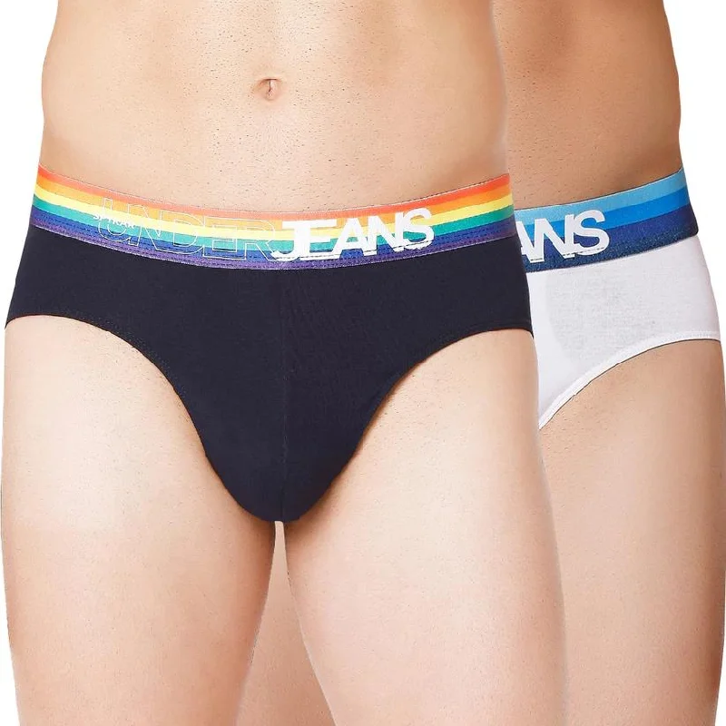 Antimicrobial men's briefs for hygieneMen Premium Navy Multi & White Blue Cotton Blend Brief (Pack Of 2)- Underjeans By Spykar