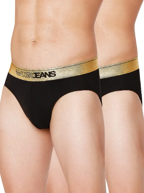 Silky men's briefs for a luxurious feelMen Premium Black & Navy Cotton Blend Brief (Pack Of 2)- Underjeans By Spykar