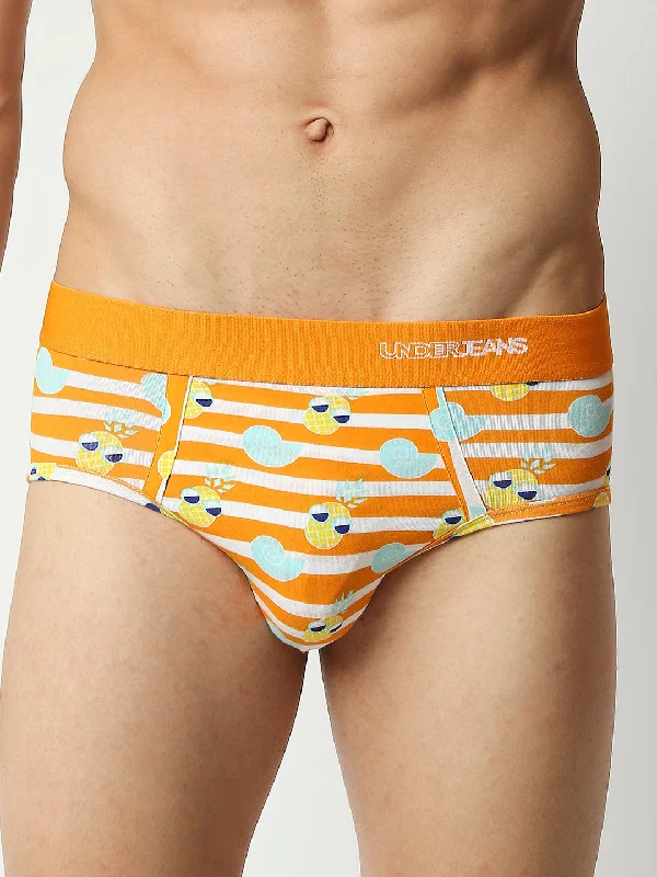 Seamless men's briefs for a smooth look under clothesMen Premium Orange Cotton Blend Regular Fit Brief- Underjeans By Spykar