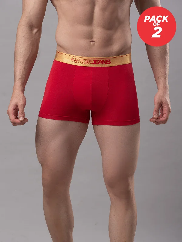 Mid - rise men's trunks for a balanced coverageUnderjeans By Spykar Men Premium Cotton Blend Red Trunk - (Pack Of 2)