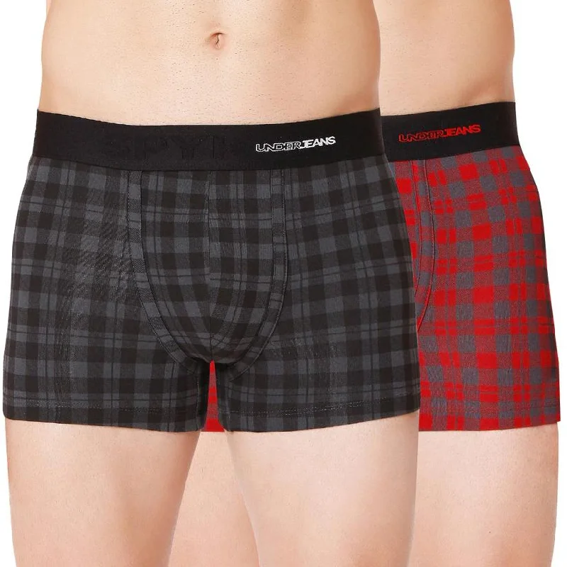 Stretch - lycra men's trunks for flexibilityMen Premium Black Check & Maroon Check Cotton Blend Trunk (Pack Of 2)- Underjeans By Spykar