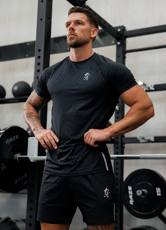 Men's v - neck muscle t - shirts for a body - building aestheticGym King Debossed Energy Tee - Black