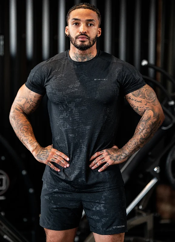 Men's long - sleeve henley t - shirts with button - down placketsGym King Debossed Camo SS Tee - Black